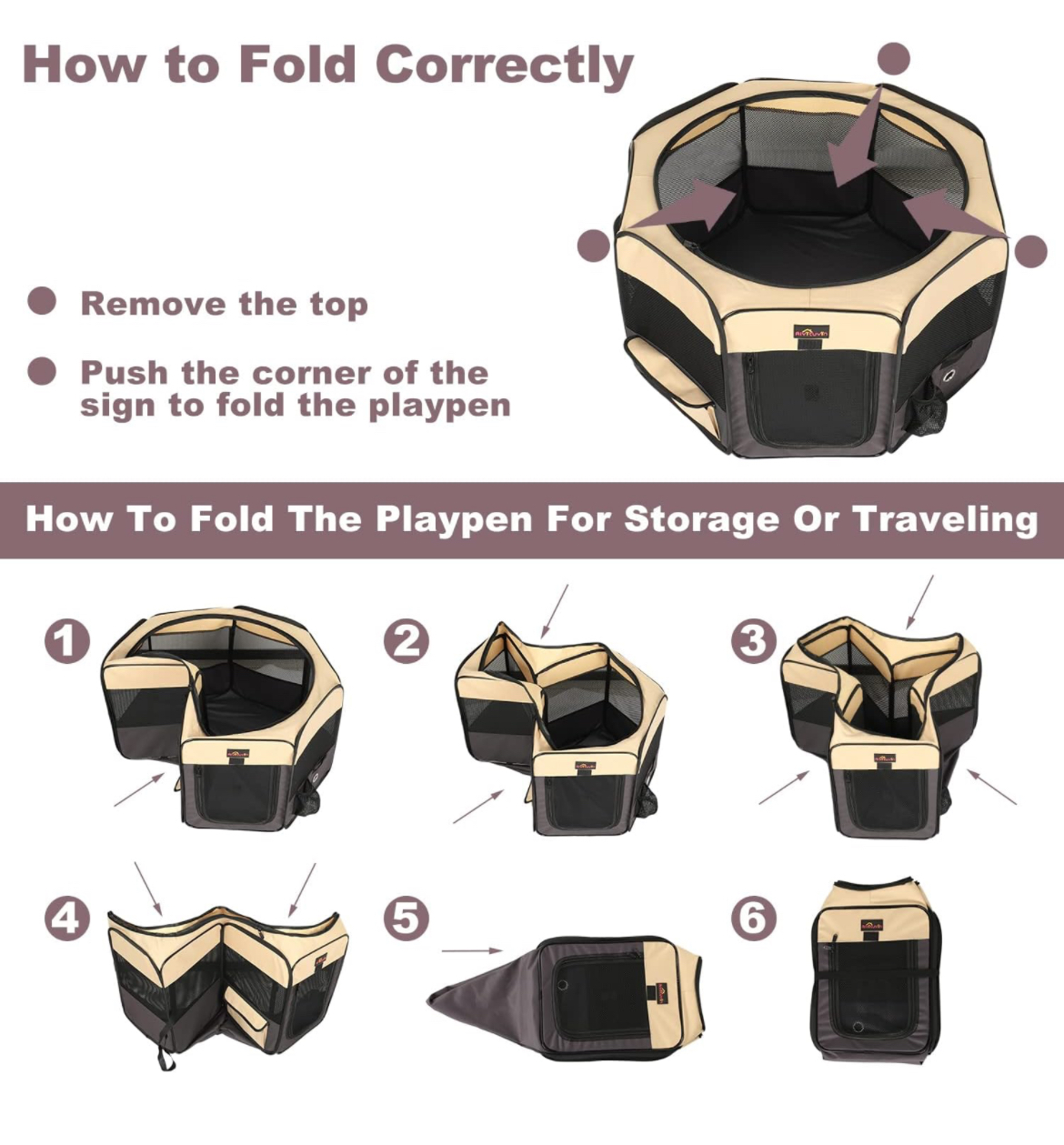 Diagram of how to fold up an indoor pet playpen.